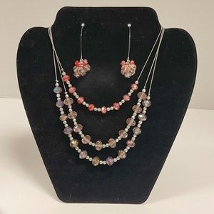 3 pc NY Signed Triple Chain with Lucite Beads Bib Necklace and Earrings Set